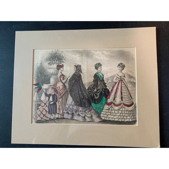 Antique Victorian Fashion Print Art Decorative Matte 1850's 14" x 12" Decor 7413 - Picture 1 of 11